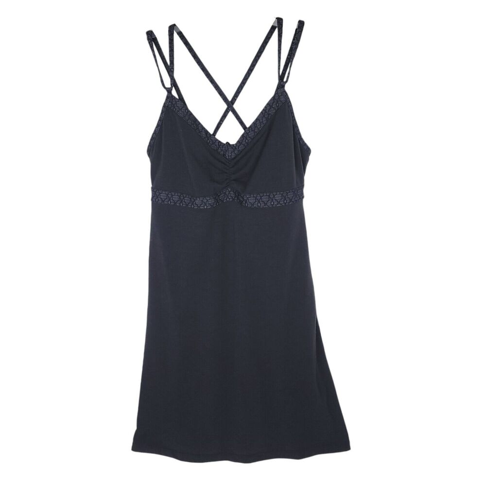 Prana Dress Womens Medium Sleeveless Black Strappy Athletic Ruched Stretch Kaley